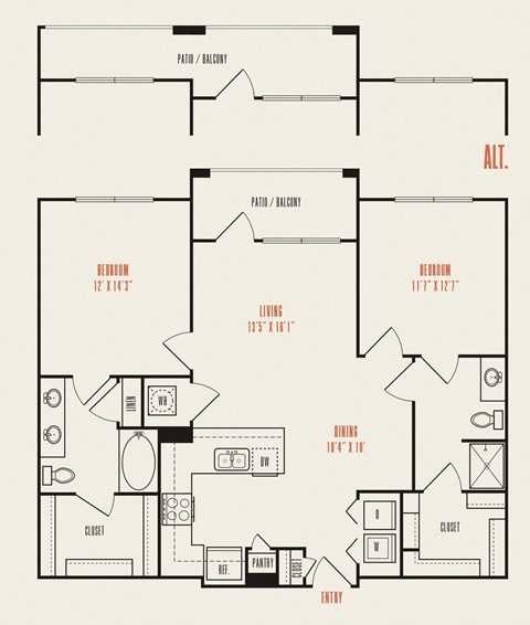 Floor plan for 2 beds, 2 baths, 1102 sqft